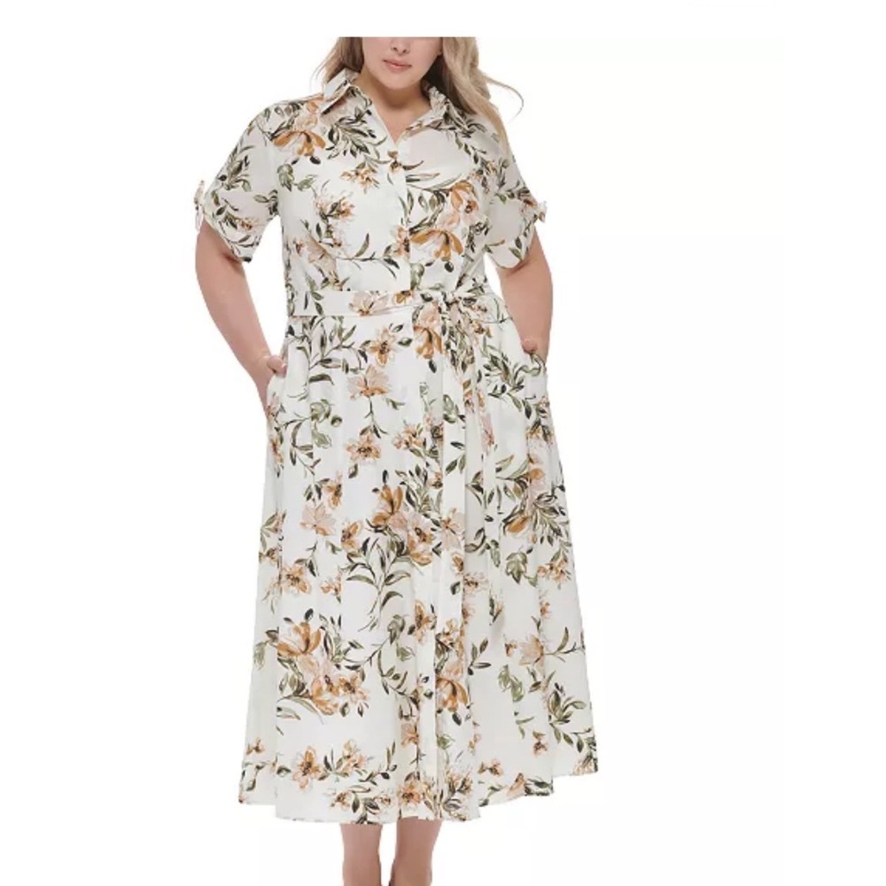 Calvin Klein Floral Midi Shirtdress Women 14 NWT Cotton Pockets MSRP $159
